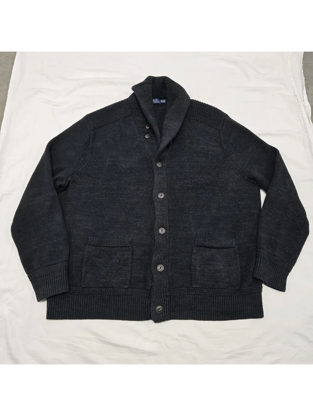 Sz 3XB Polo Ralph Lauren Cardigan Black 100% Cotton Button Up Shawl Sweater EUC
